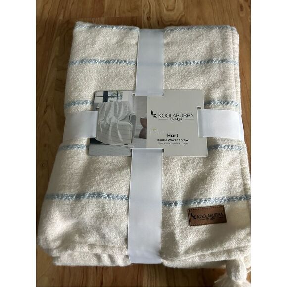 Ugg Koolaburra Throw Blanket Woven White Blue Striped Tassels 50” x 70” New - Picture 1 of 6